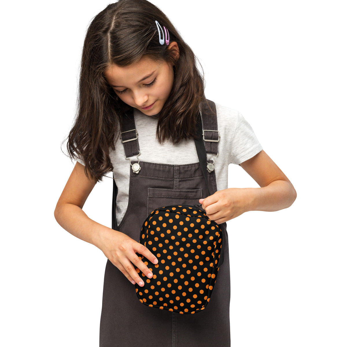 Girls Orange Polka Dot Halloween Crossbody Bag – Water Resistant Mini Purse With Adjustable Strap & Pockets