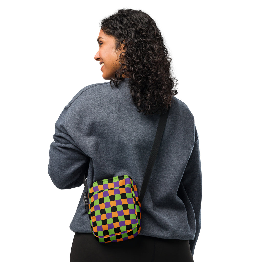 Halloween Checkerboard Crossbody Bag – Water Resistant Mini Purse With Adjustable Strap & Pockets