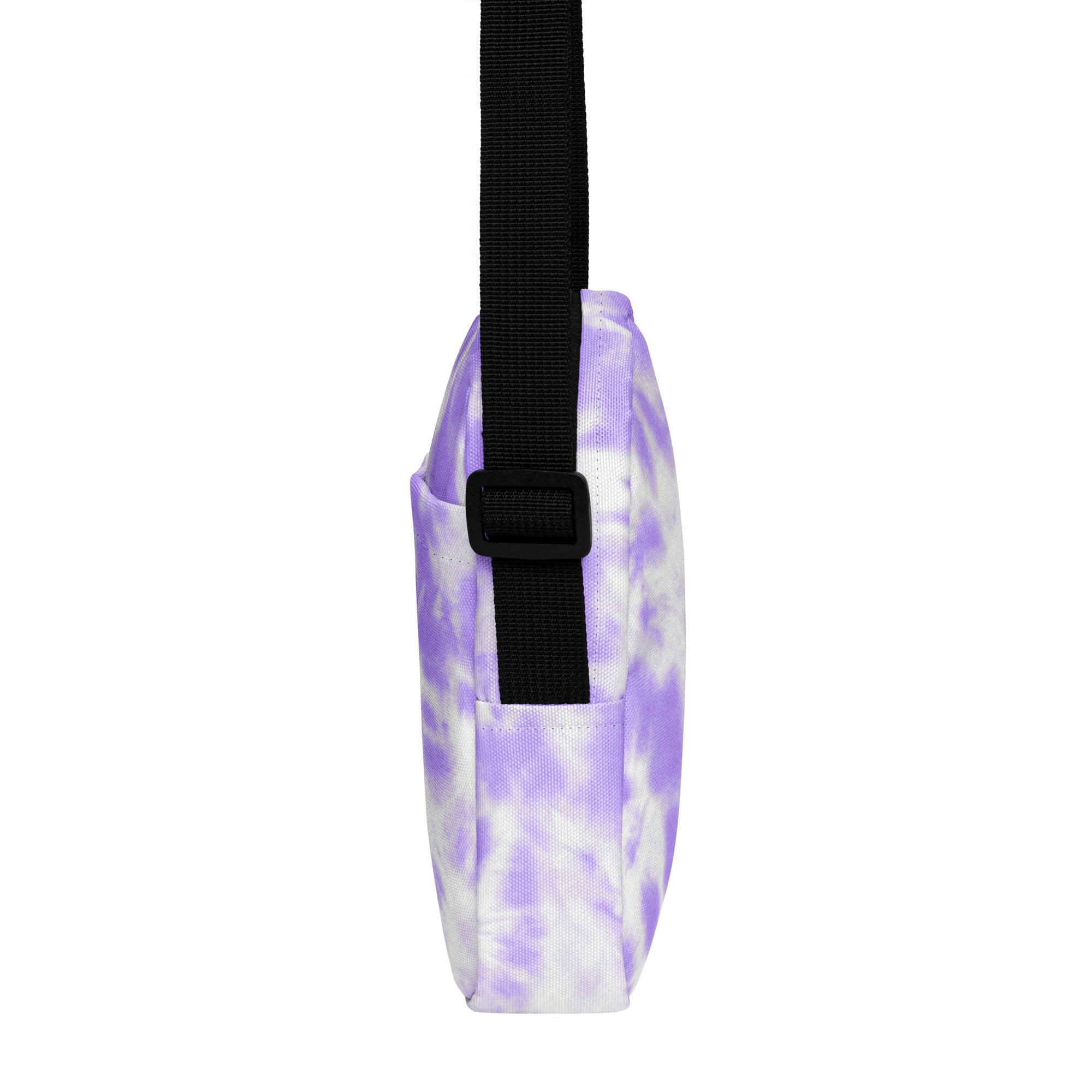 Girls faux purple tie dye crossbody purse with white accents and black adjustable strap for hands free carrying