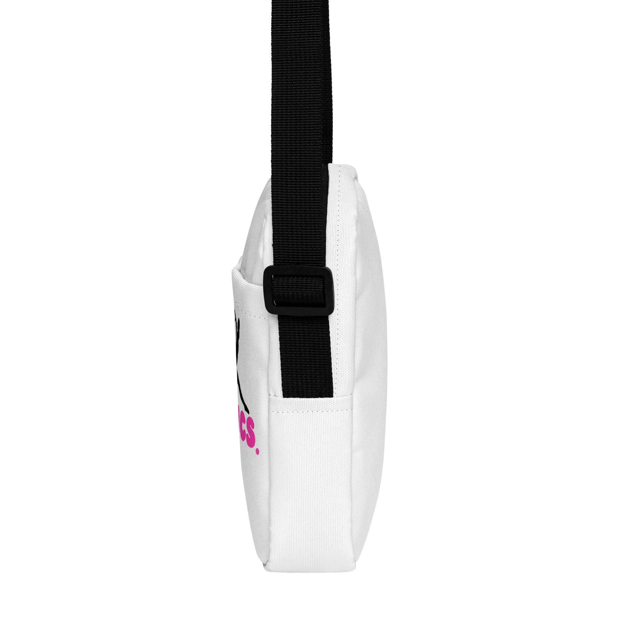 White canvas girls eat sleep gymnastics repeat crossbody purse with black adjustable strap and pink lettering on the side