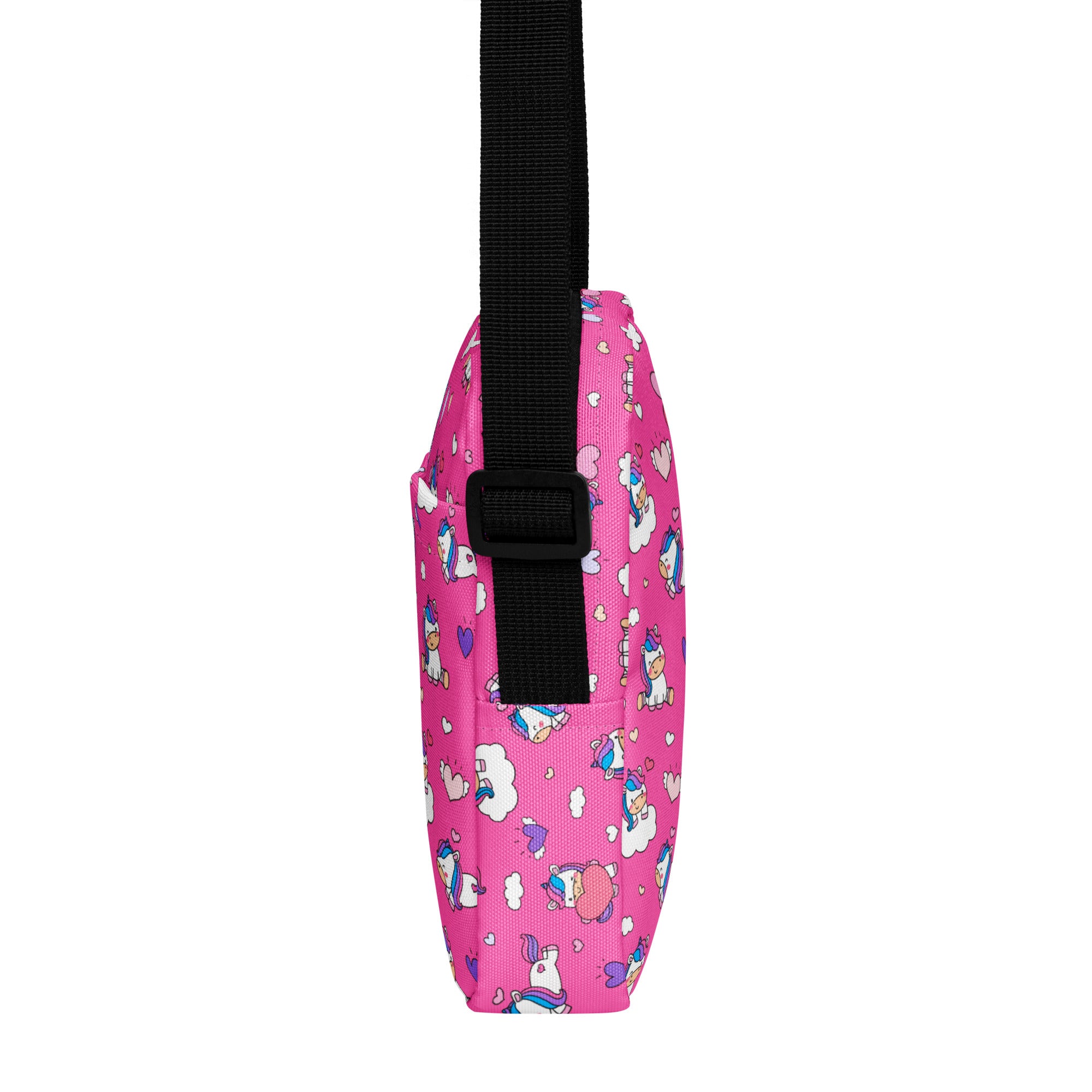Girls pink crossbody purse with unicorn pattern and black adjustable strap perfect for everyday use