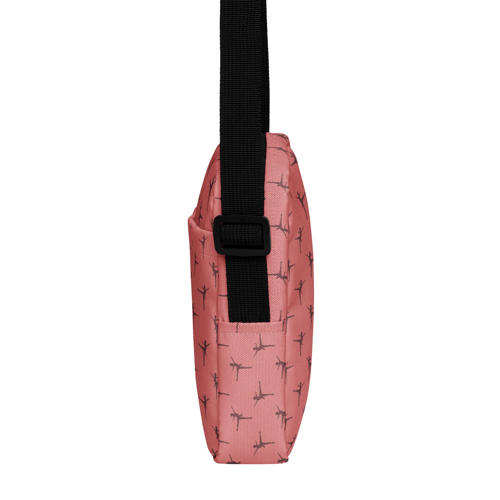 Pink canvas girls ballet dancer crossbody purse with black ballet dancer silhouettes and an adjustable strap