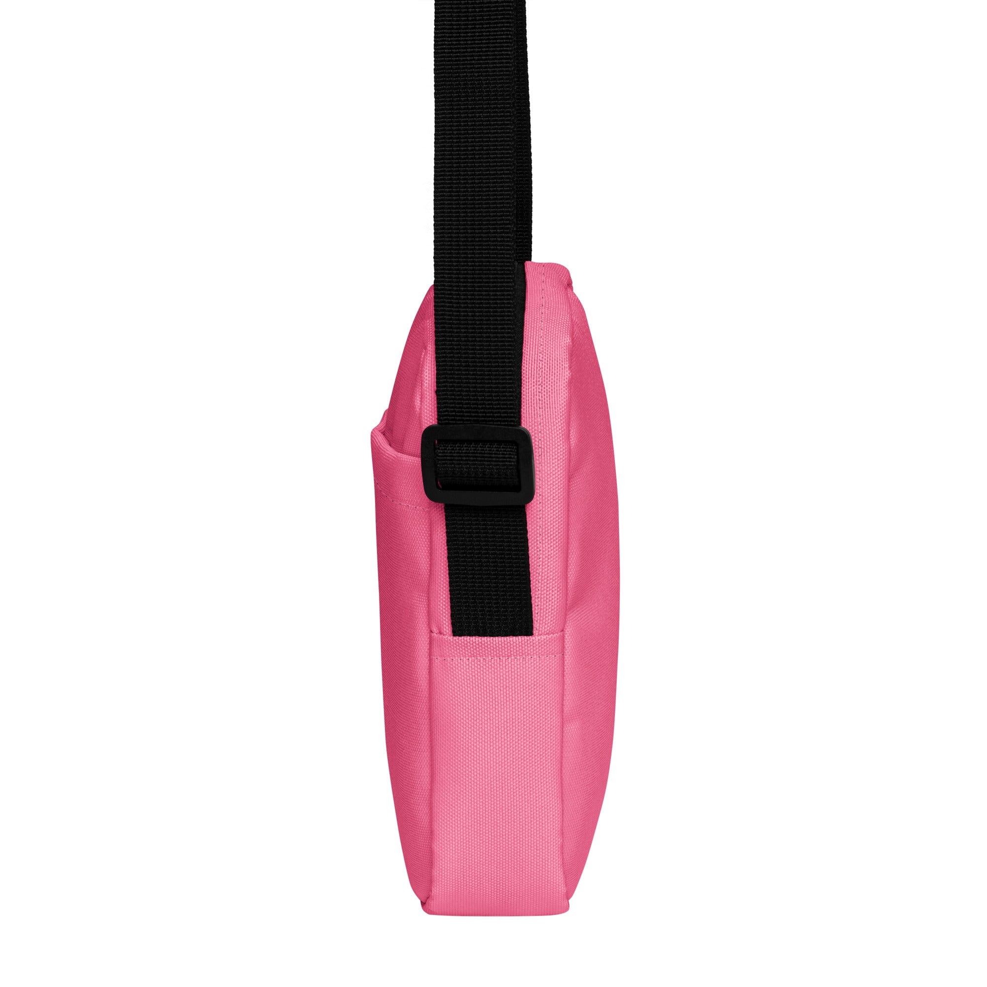 Girls pink crossbody purse made of canvas with a black adjustable strap and buckle for easy wear