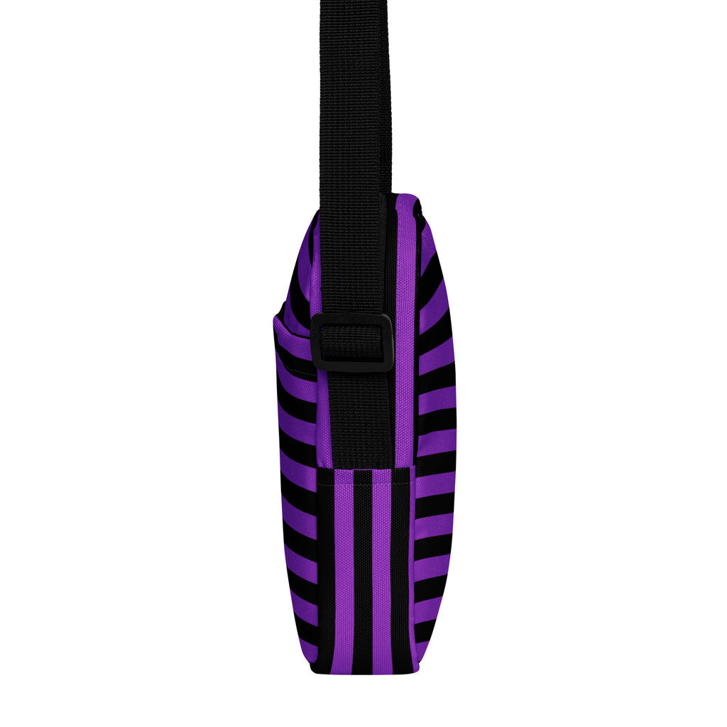 Girls purple and black striped crossbody purse with black adjustable strap perfect for Halloween use