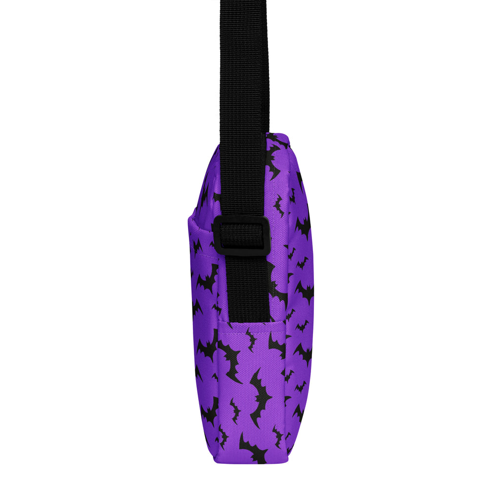 Kids purple bats halloween crossbody purse with black bat pattern and black adjustable strap for easy carrying