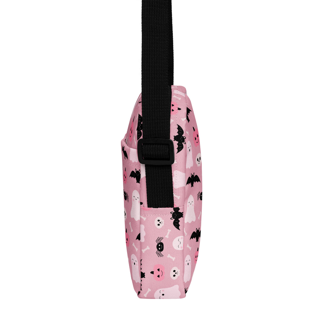 Girls cute ghost and bats pink halloween crossbody purse with black strap and playful ghost bat and spider patterns