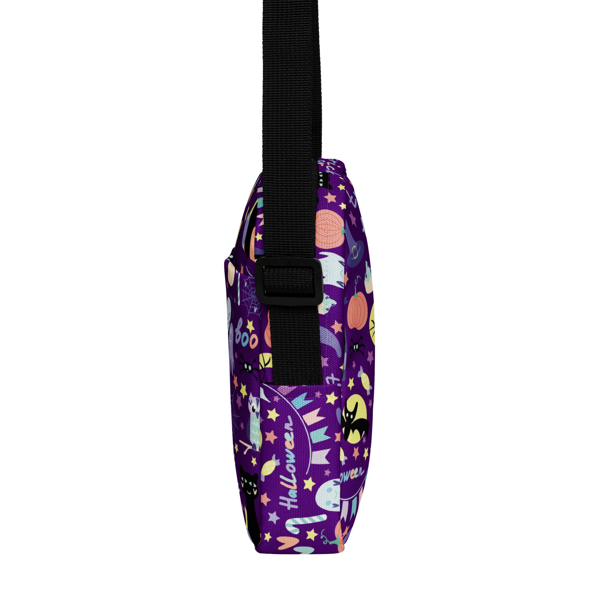 Purple girls spooky halloween crossbody purse with black strap and colorful cartoon designs for festive use