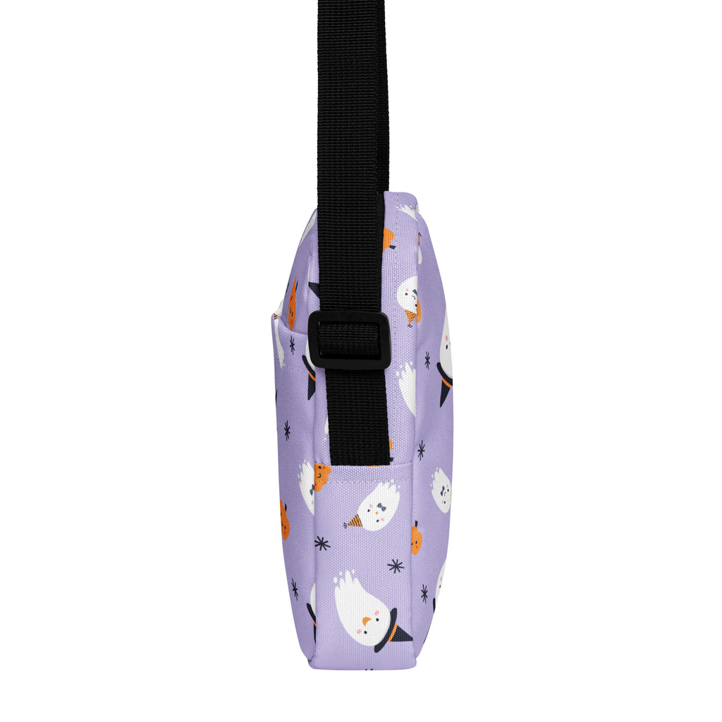 Purple girls ghost witch Halloween crossbody purse with playful white ghost pattern wearing orange and black witch hats