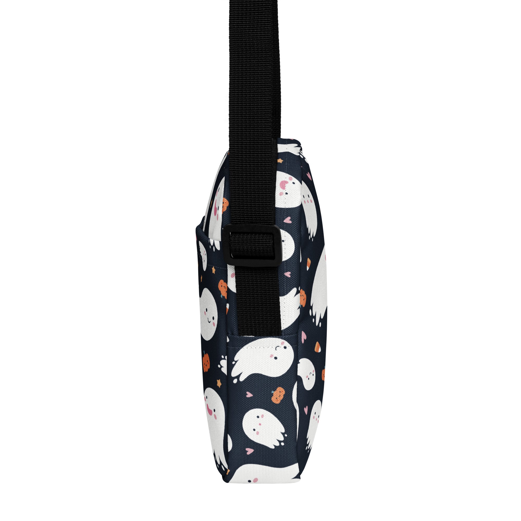A navy blue kids ghost halloween crossbody purse with white cartoon ghosts and orange cookie pattern