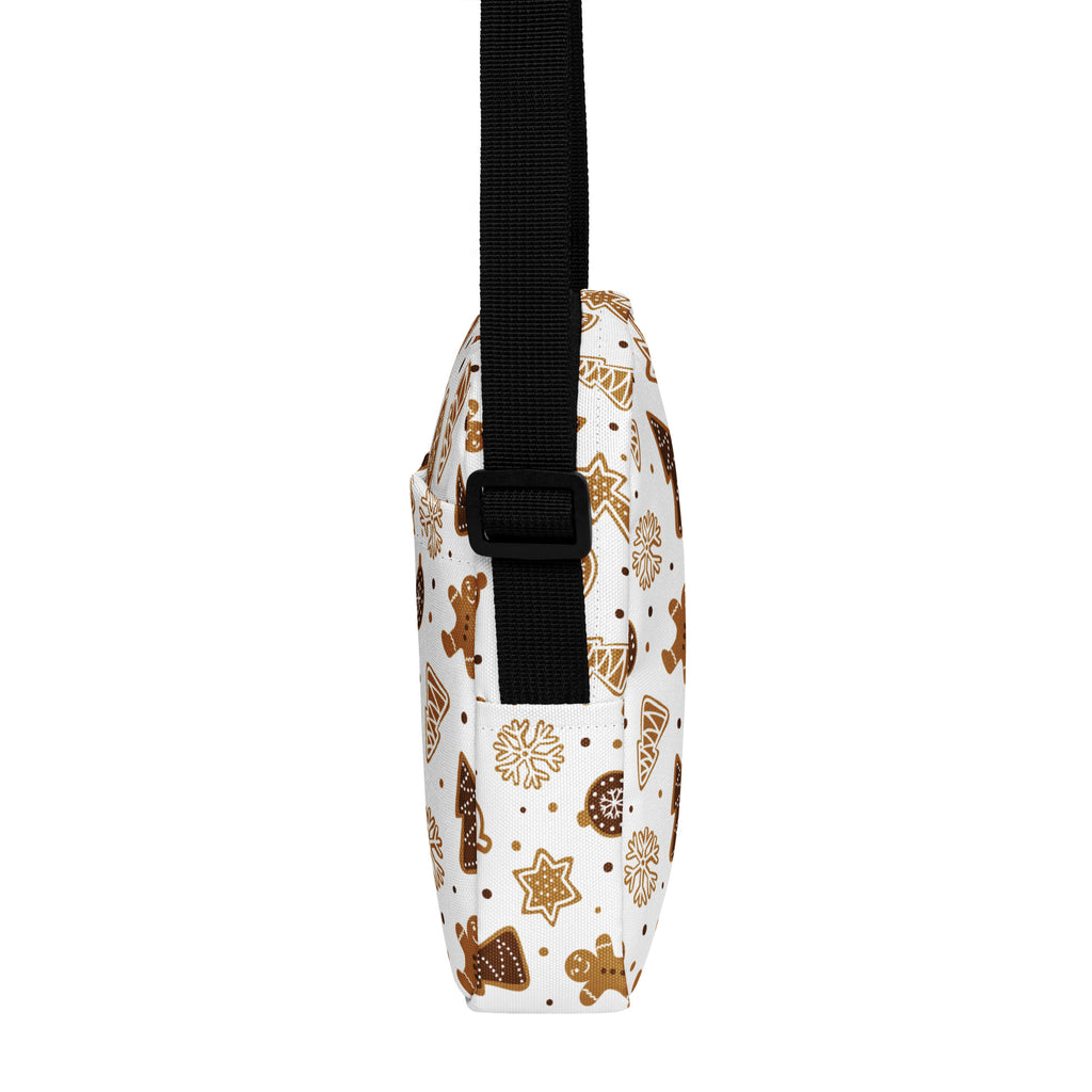 Kids gingerbread cookies christmas crossbody purse white bag with brown and gold festive pattern and black adjustable strap