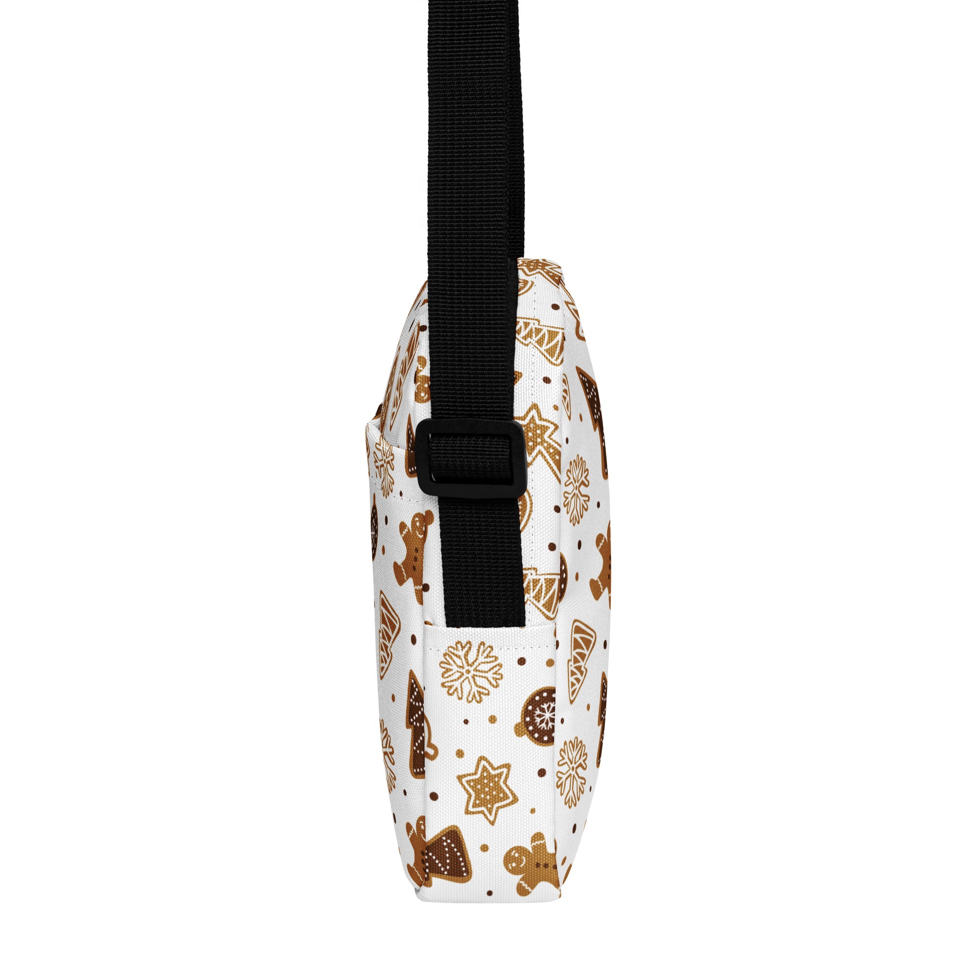 Kids gingerbread cookies christmas crossbody purse white bag with brown and gold festive pattern and black adjustable strap