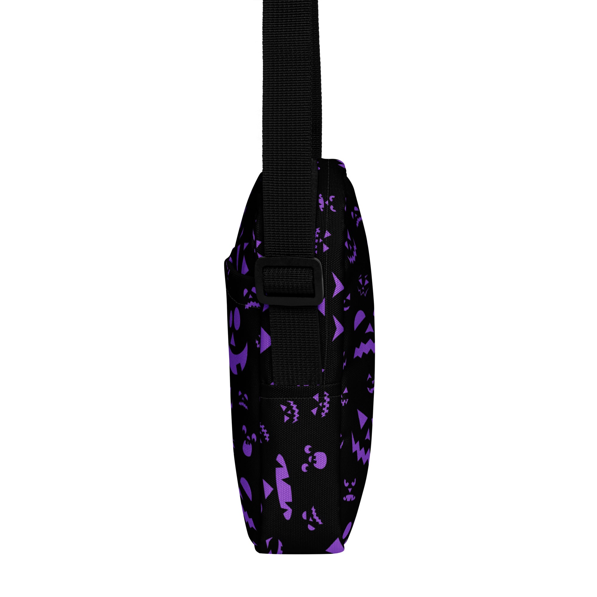 Black shoulder bag with purple halloween pattern of bats and jack-o-lanterns girls crossbody purse