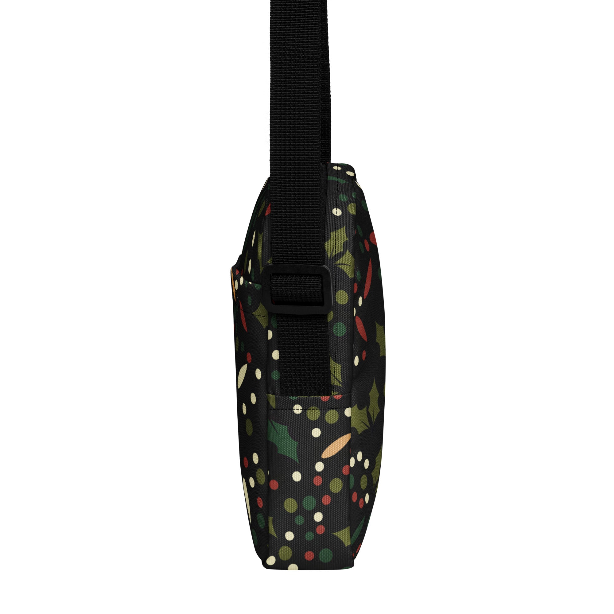 Black girls christmas holly crossbody purse with festive green holly leaves red and white polka dots and orange accents