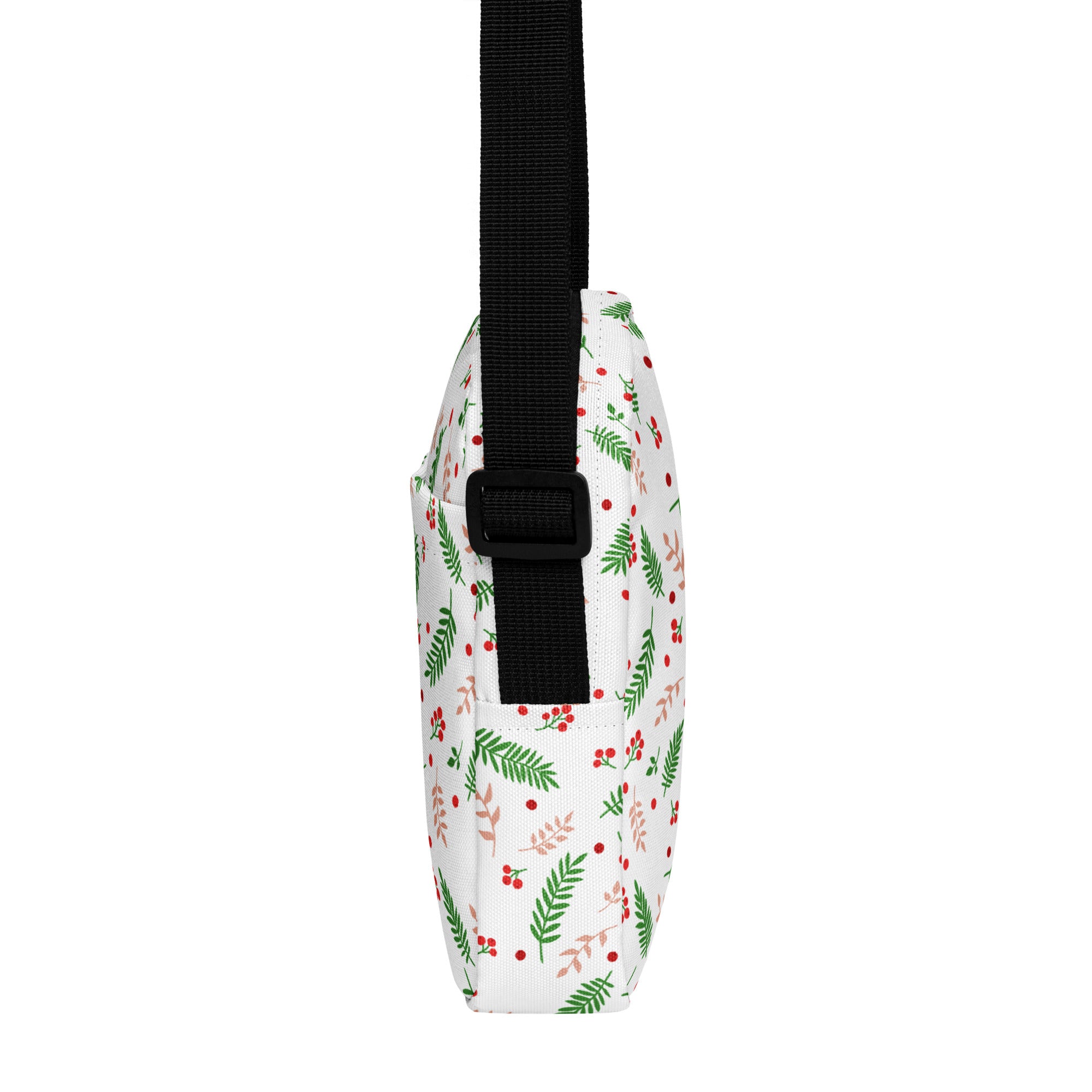 Girls winter greenery and red berries white fabric crossbody bag with green fern pattern and black adjustable strap