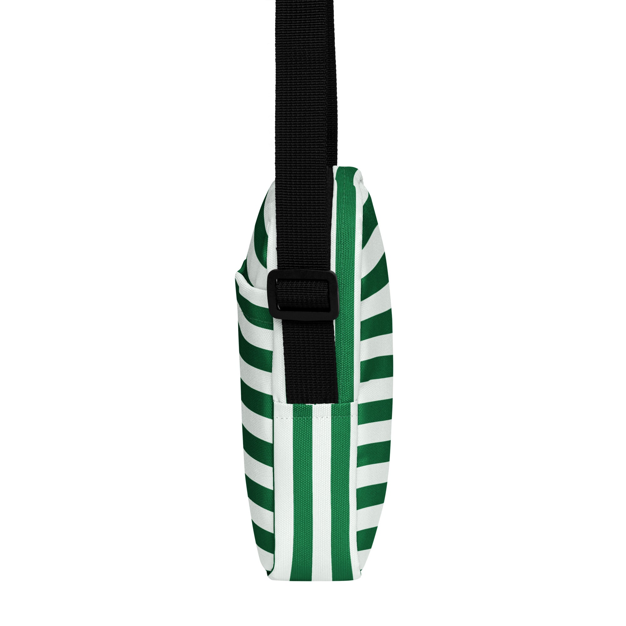 Green and white striped crossbody purse with black adjustable strap for Christmas women’s fashion use