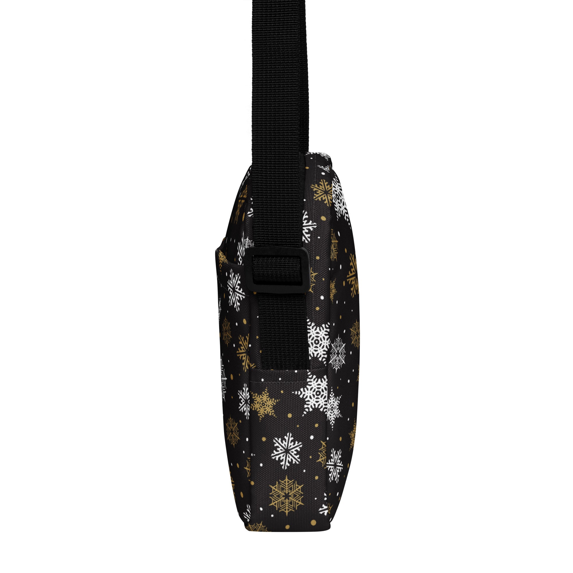 Girls black crossbody purse with gold and white snowflake festive pattern perfect for holiday outings