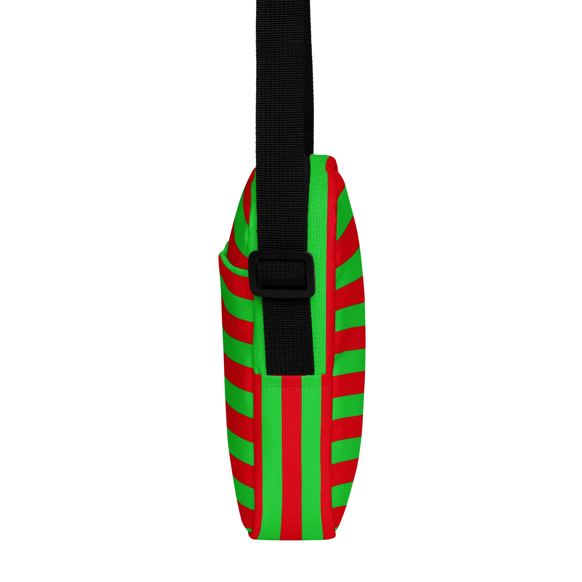 Girls red and green bold stripes Christmas crossbody purse with vibrant red and green stripes and a black adjustable strap