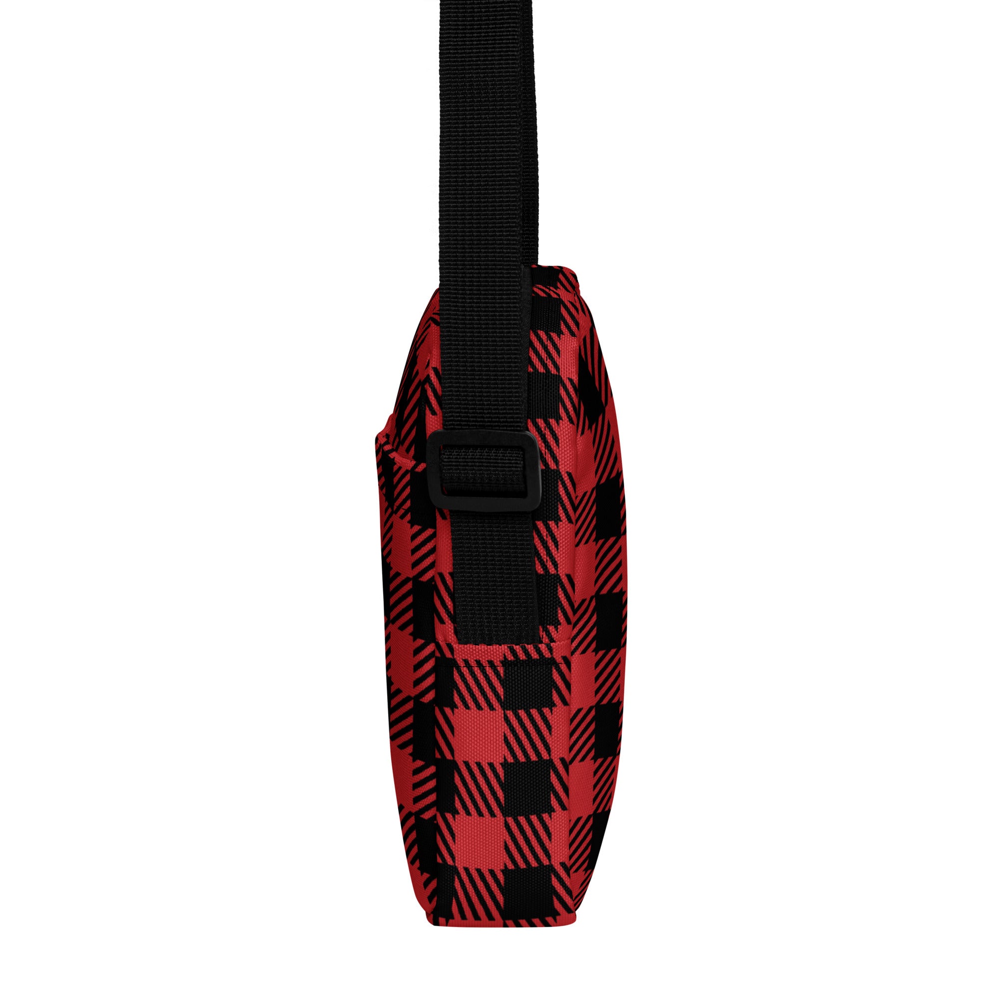 Girls red plaid Christmas crossbody purse with black adjustable strap featuring red and black plaid fabric design