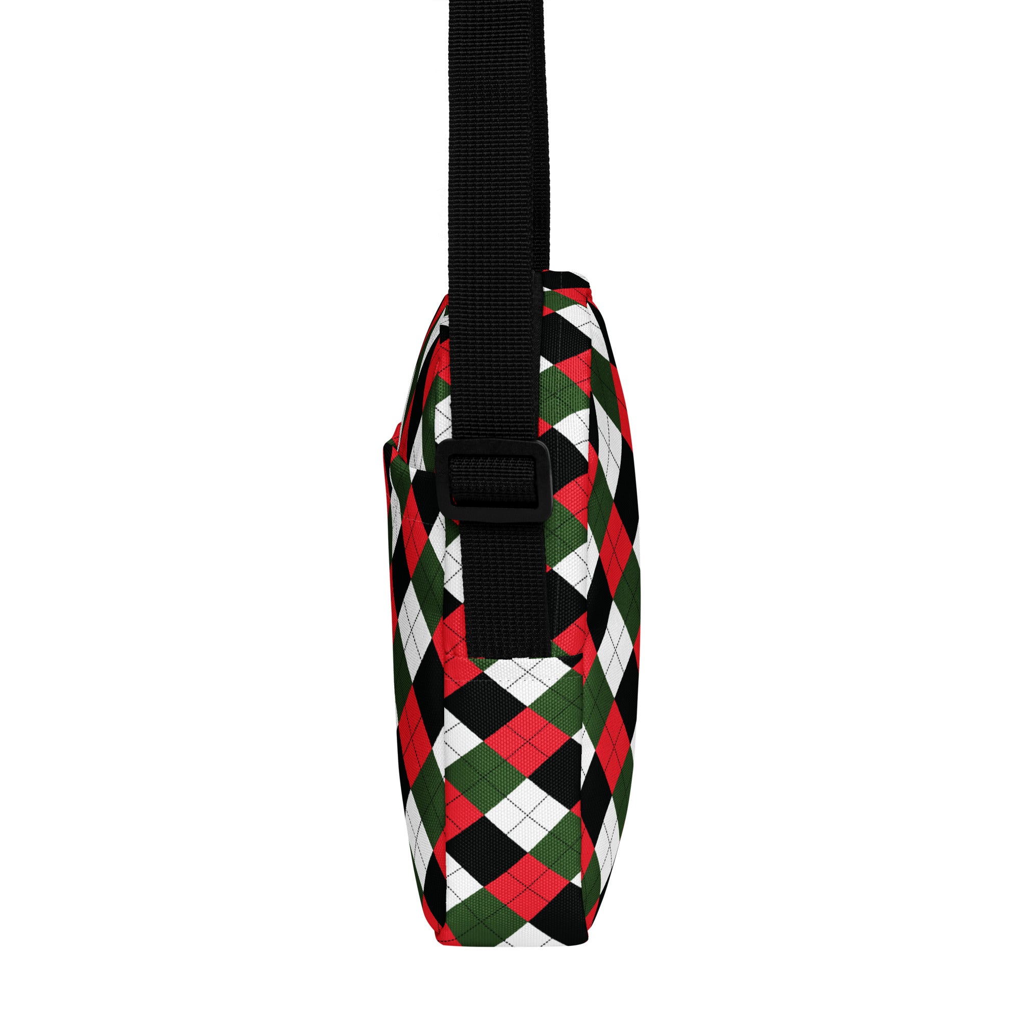 Girls Christmas argyle crossbody purse in red green black and white with black adjustable strap for easy wear