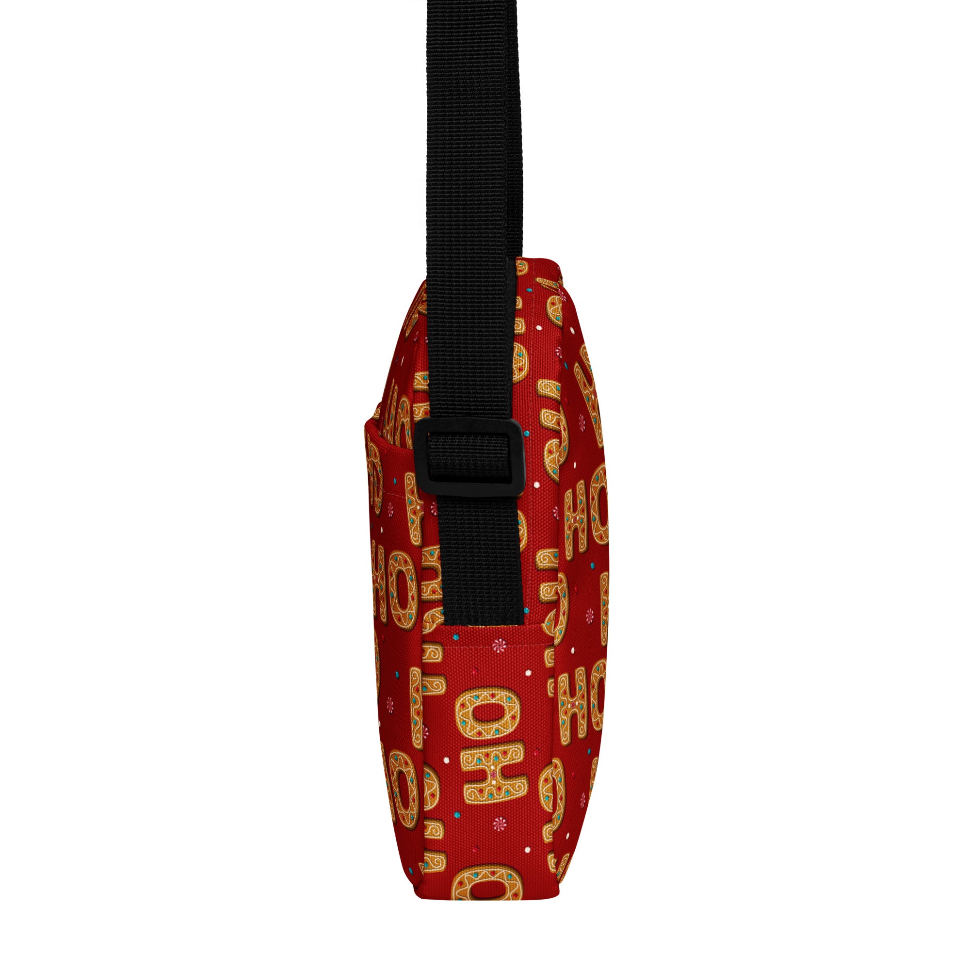 Red crossbody purse featuring gold and green festive holiday ho ho ho letters for christmas use