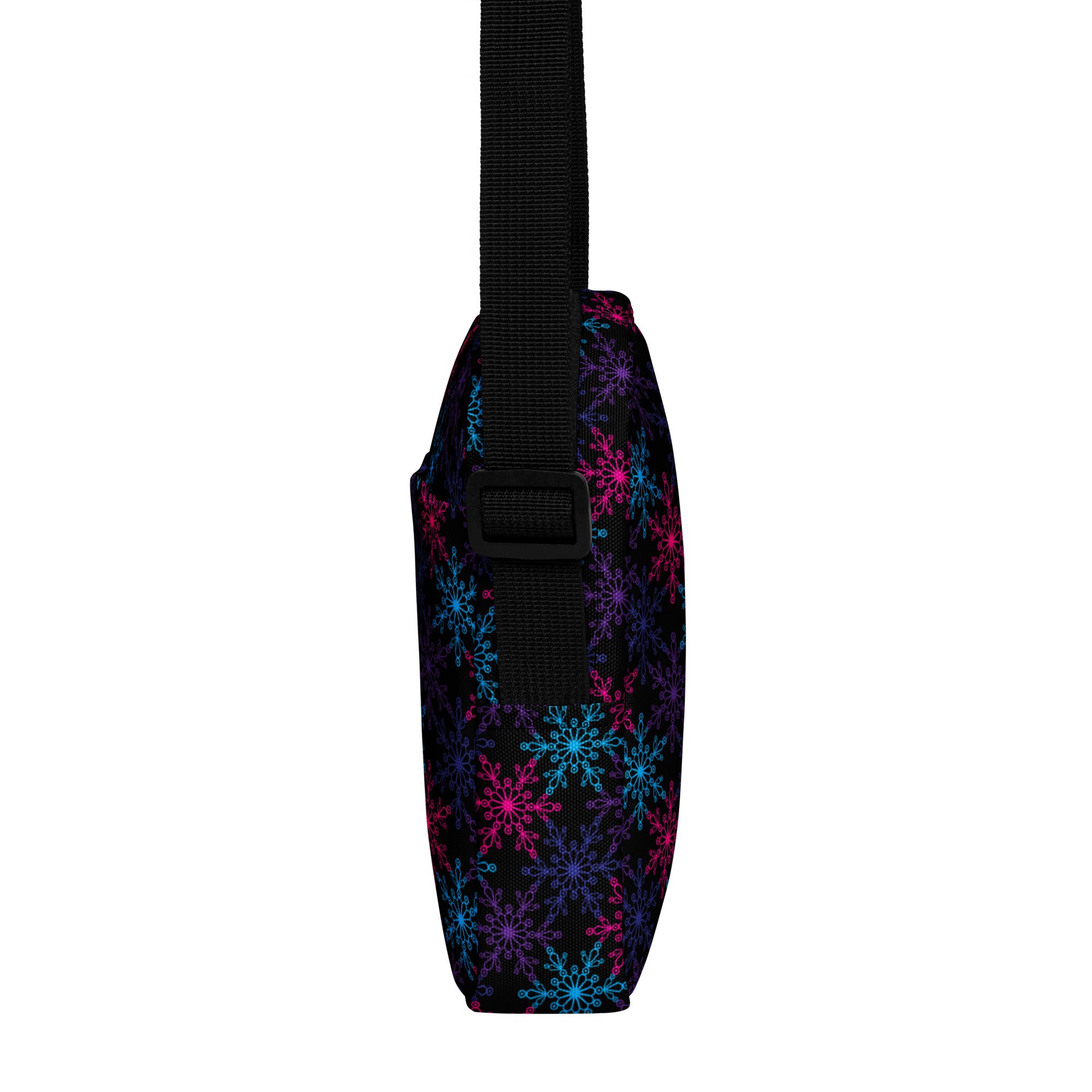 A black crossbody bag with vibrant neon pink blue and purple snowflake patterns for girls
