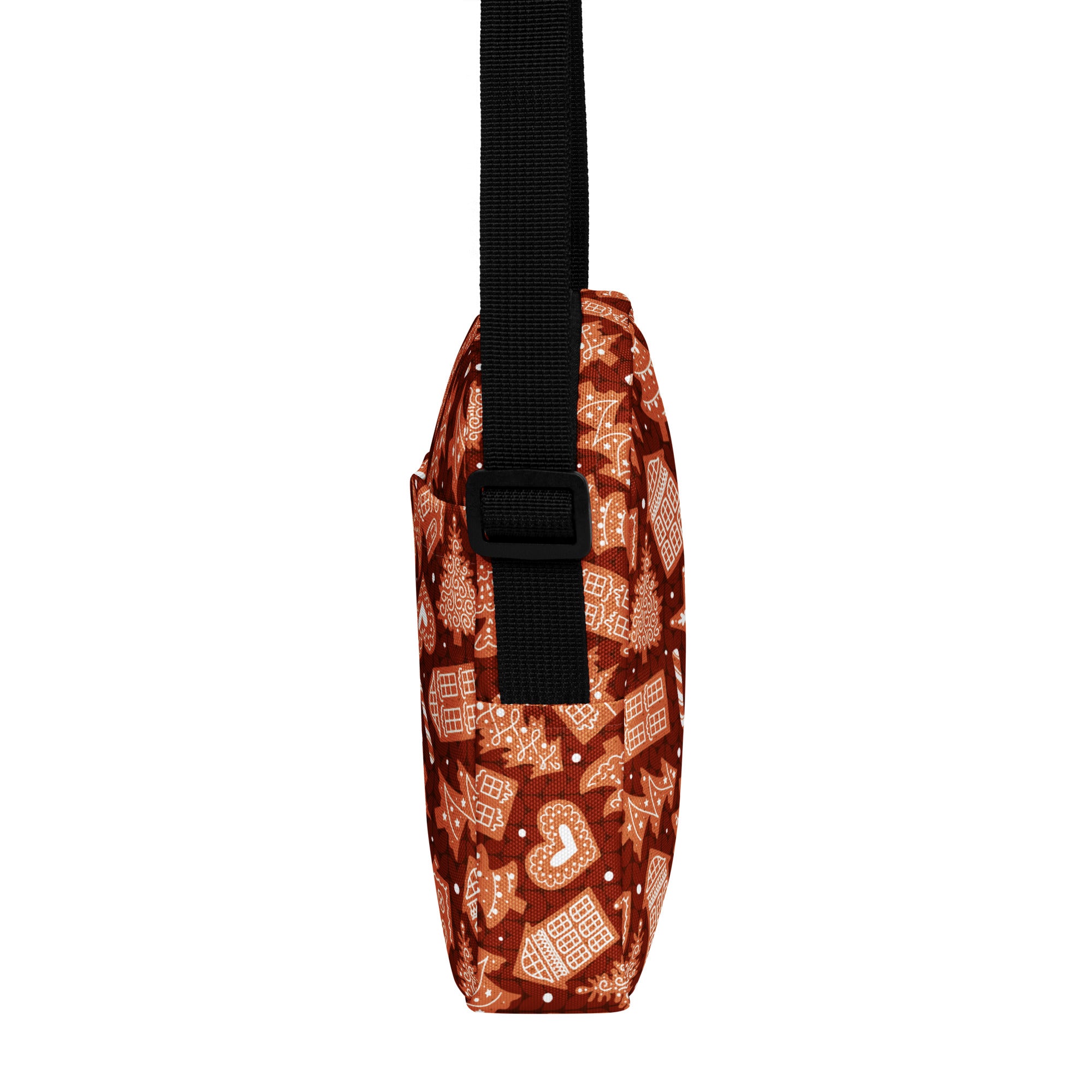 Girls red gingerbread christmas crossbody purse brown fabric with cream gingerbread house and cookie pattern accents