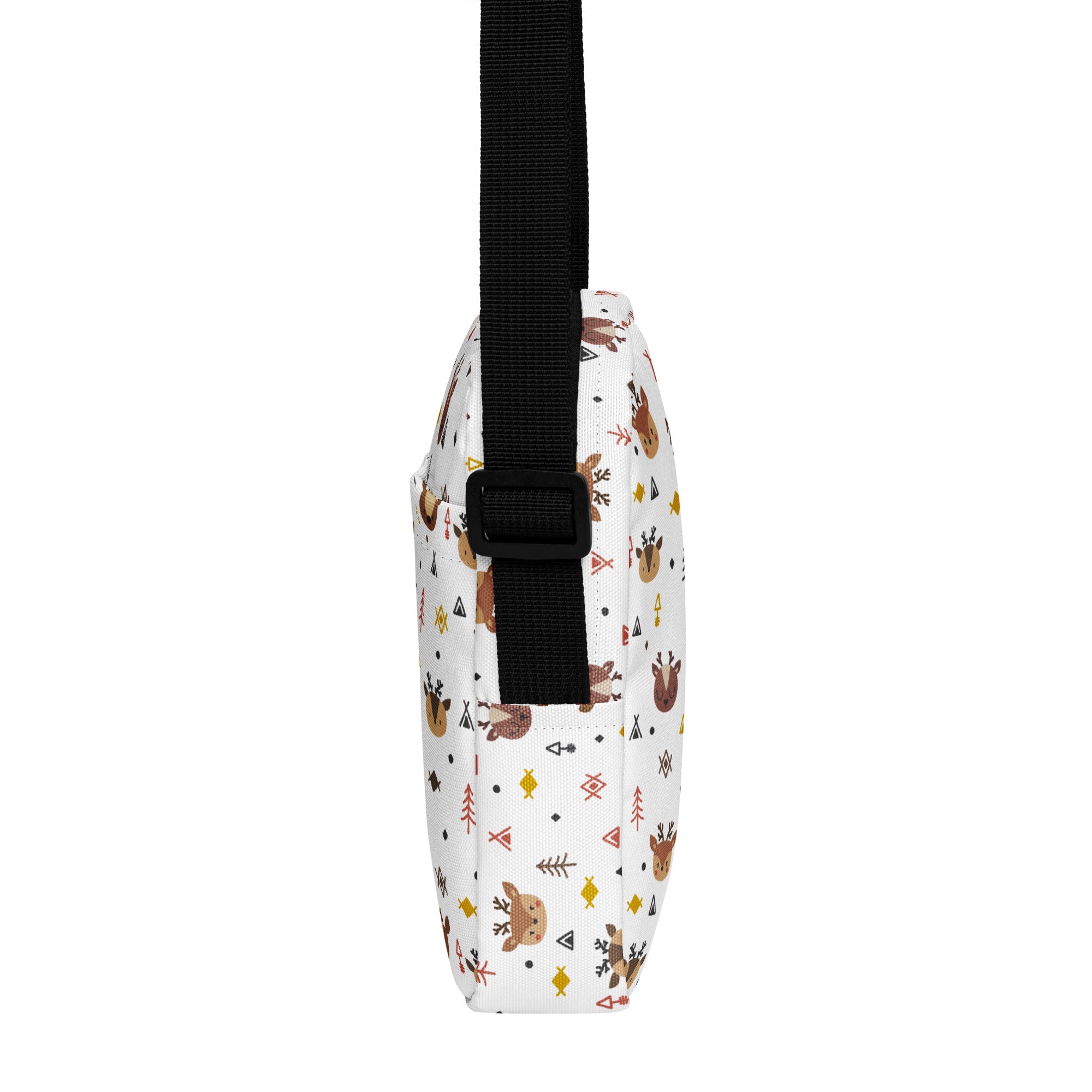 White crossbody bag with playful brown deer pattern and geometric tribal motifs perfect for girls Christmas use