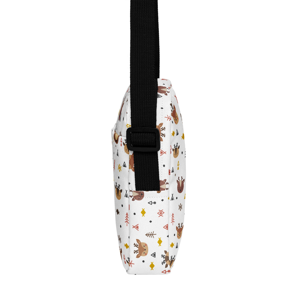 White crossbody bag with brown deer playful pattern geometric shapes and tribal motifs for Christmas women