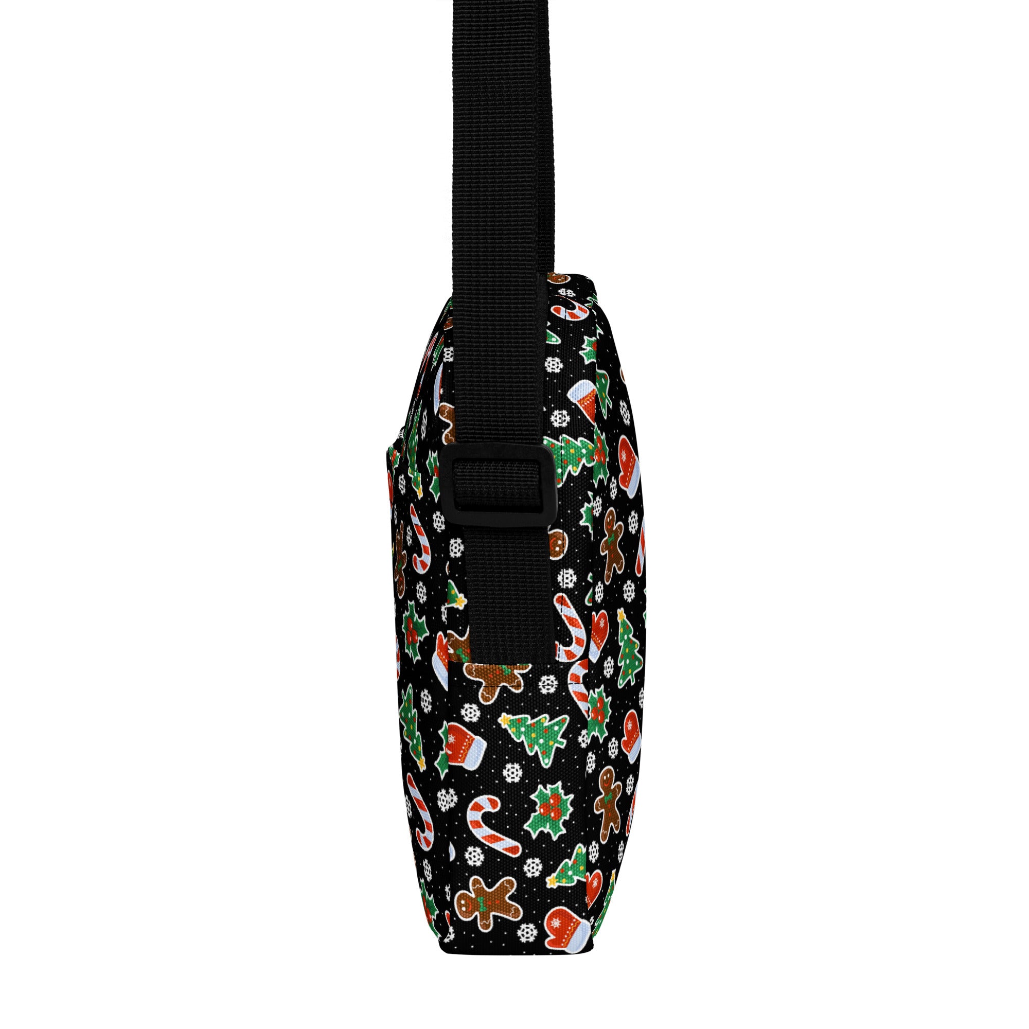 Black girls gingerbread candy cane christmas crossbody purse with festive red white and gold pattern of candy canes and trees