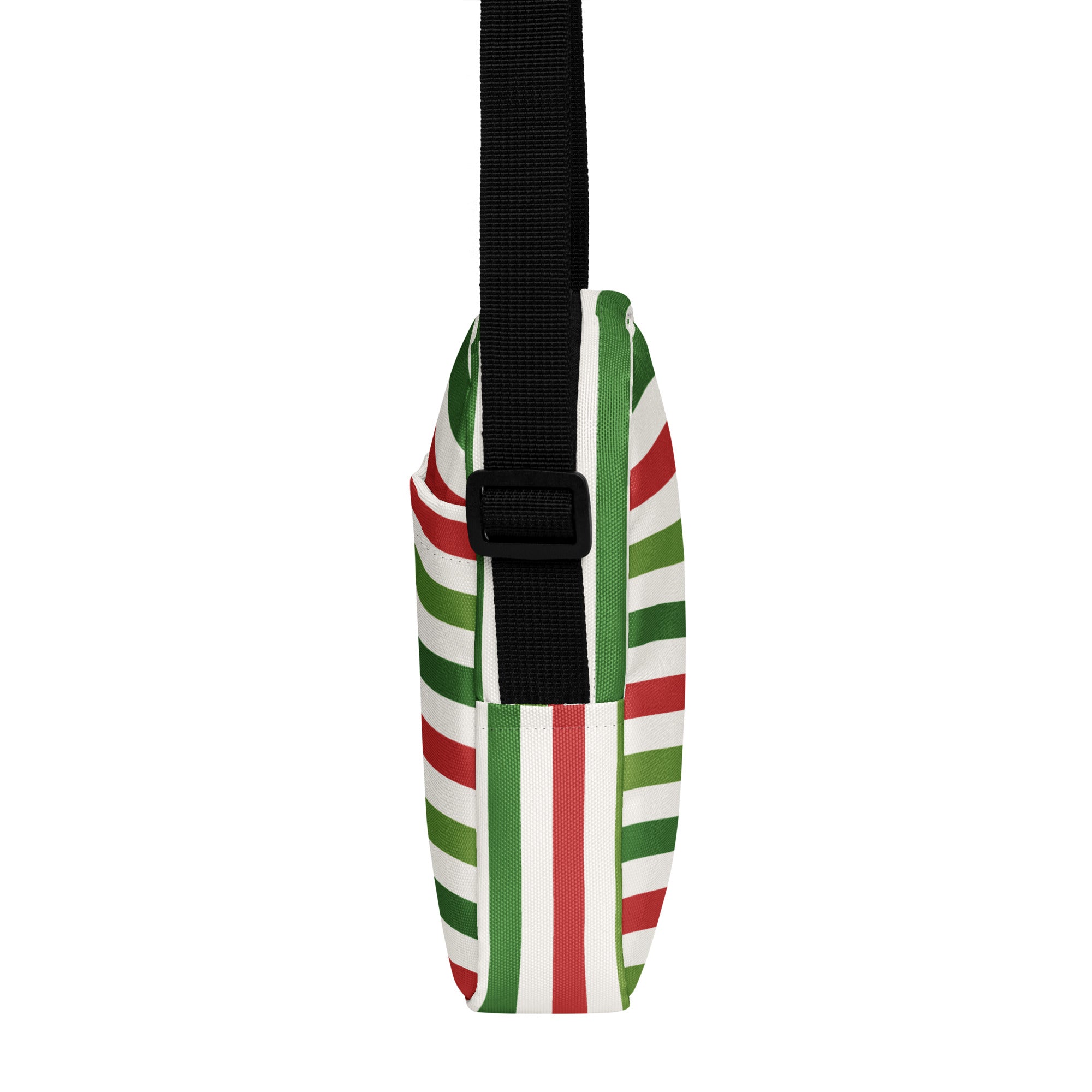 Girls christmas stripe crossbody purse with red green and white fabric stripes and black adjustable strap