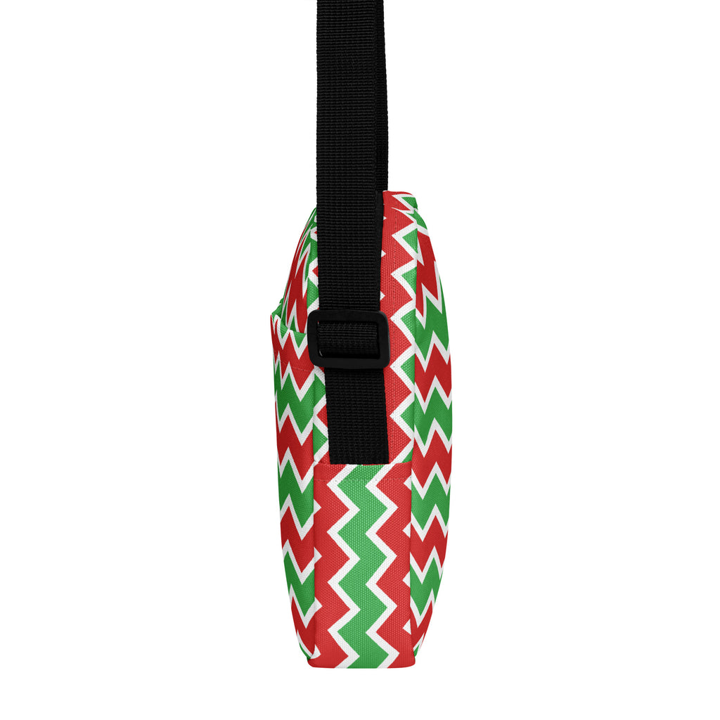 Christmas zigzag women’s crossbody purse in red and green with black adjustable strap and zigzag pattern