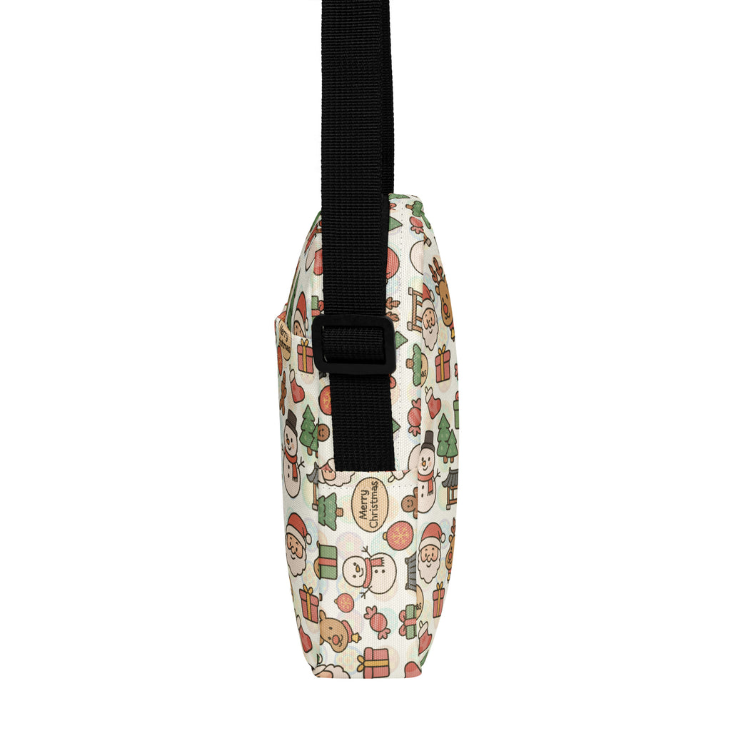Girls doodle white crossbody purse with cheerful Christmas pattern of snowmen Santa Claus and gift boxes in pastel tones