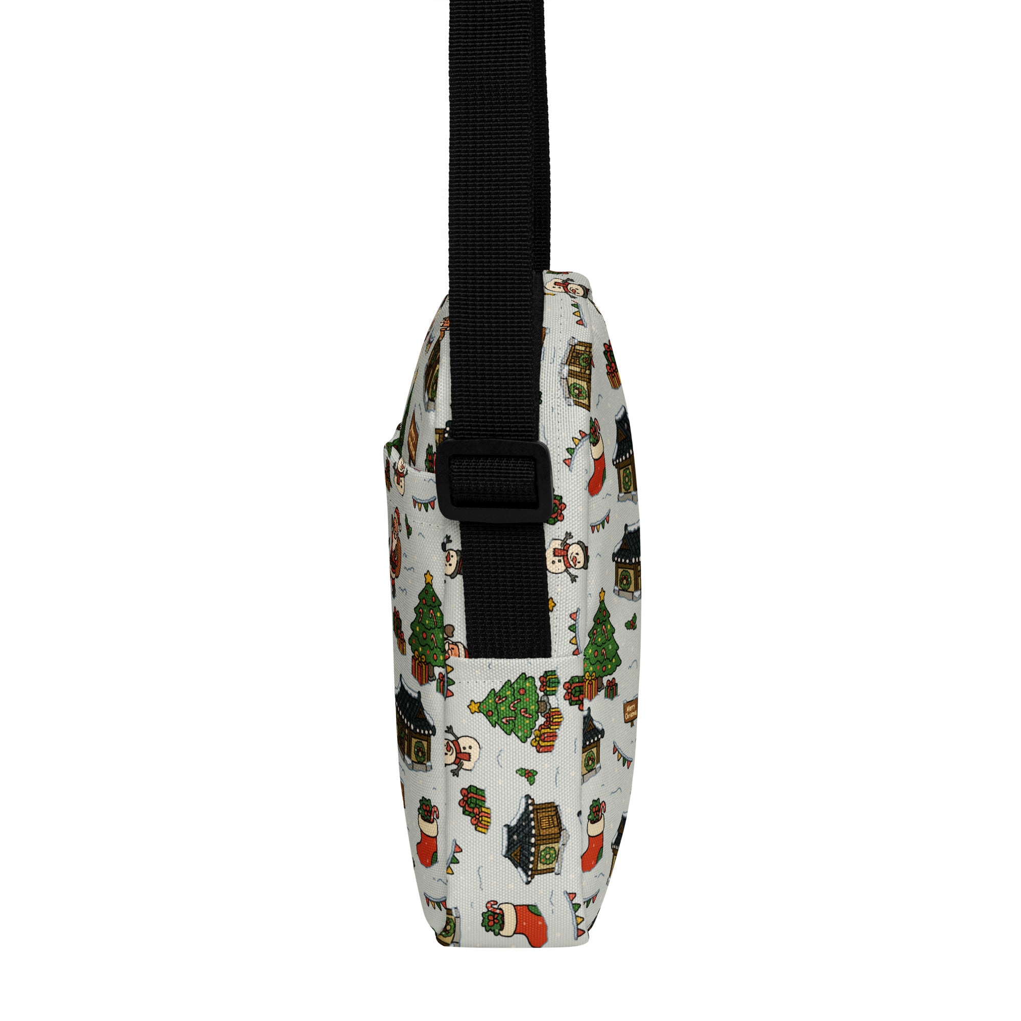Girls snowy village christmas crossbody purse white fabric with green trees red stockings snowmen and black adjustable strap