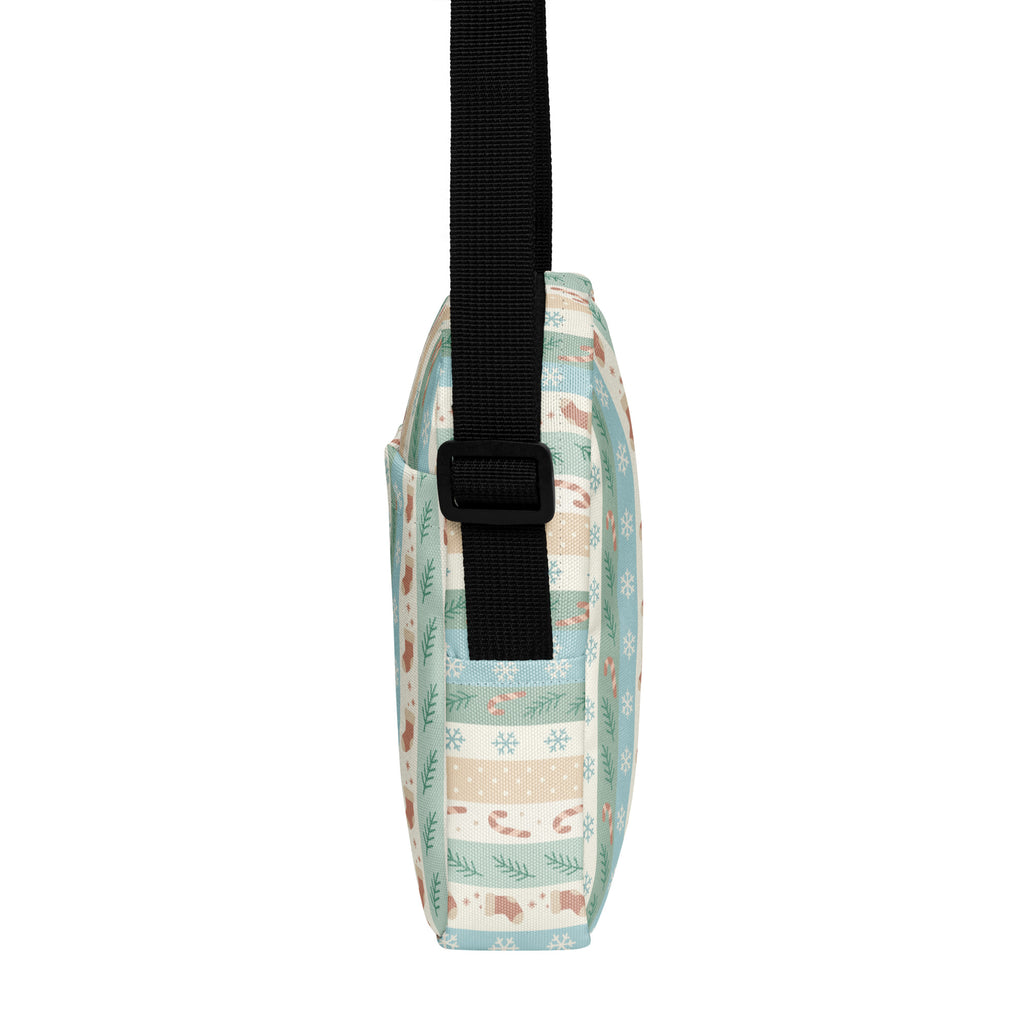 Girls pastel striped Christmas crossbody purse in pastel green and beige with candy cane and snowflake festive pattern