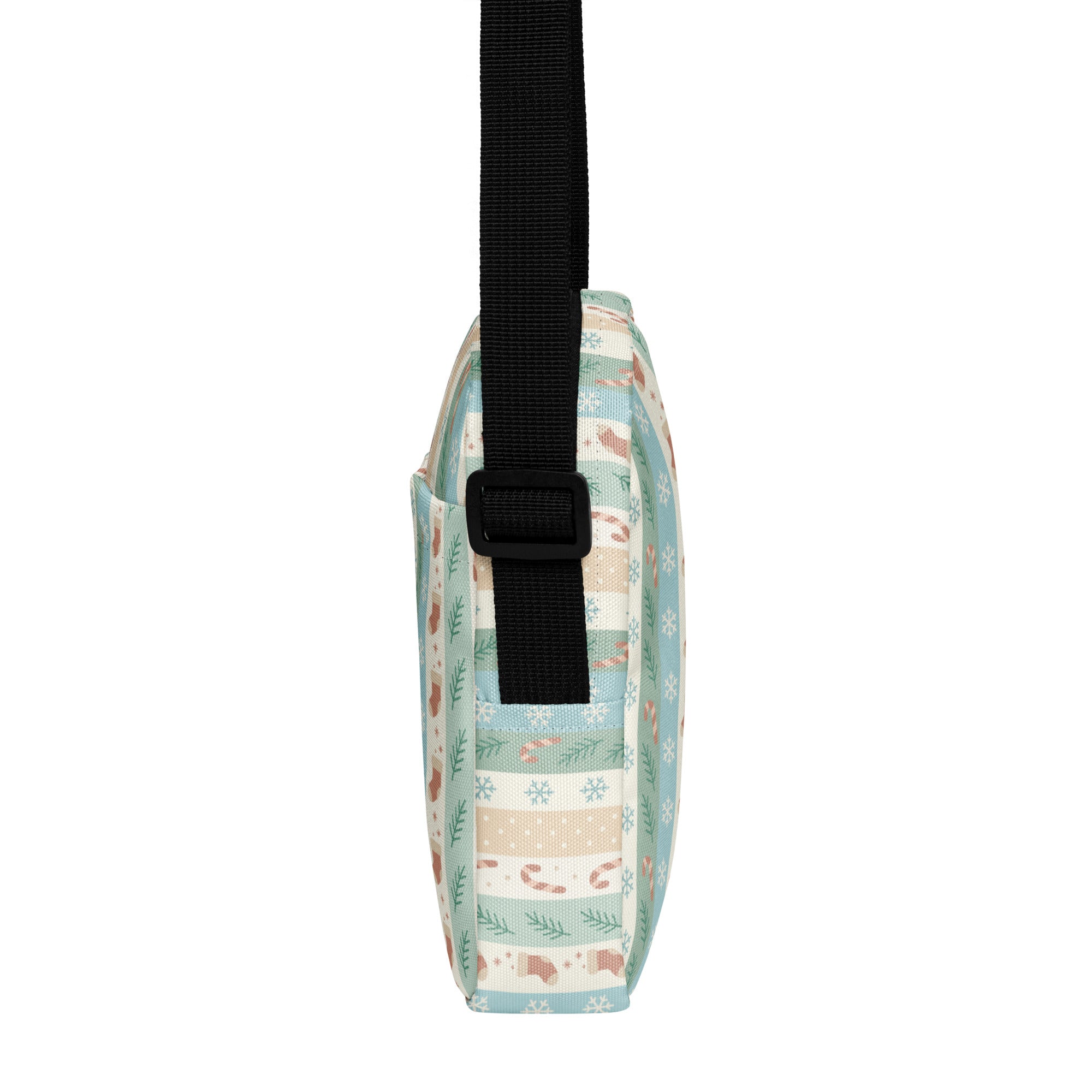 Girls pastel striped Christmas crossbody purse in pastel green and beige with candy cane and snowflake festive pattern
