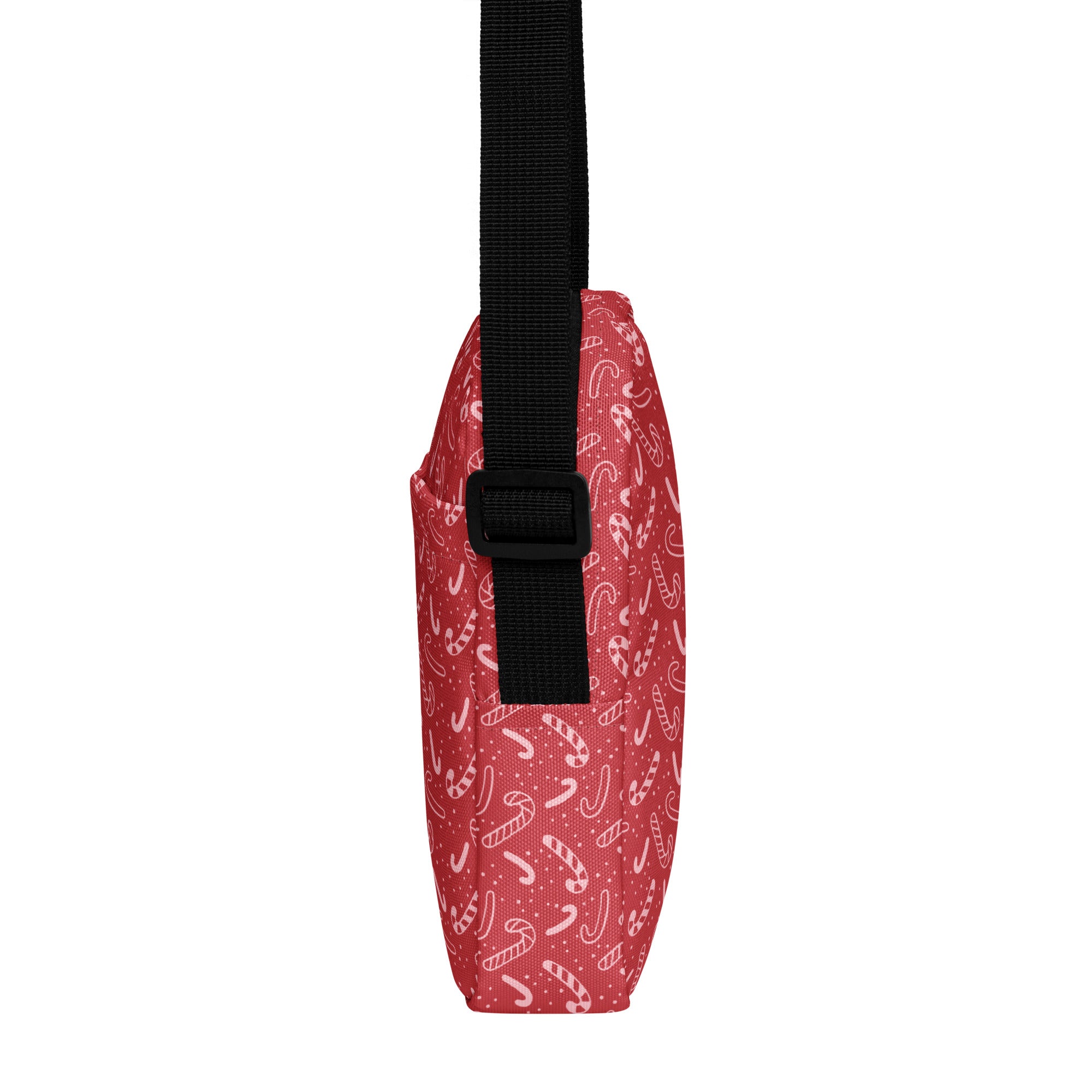 Girls red candy cane crossbody purse with black adjustable strap perfect for Christmas outings and festive use