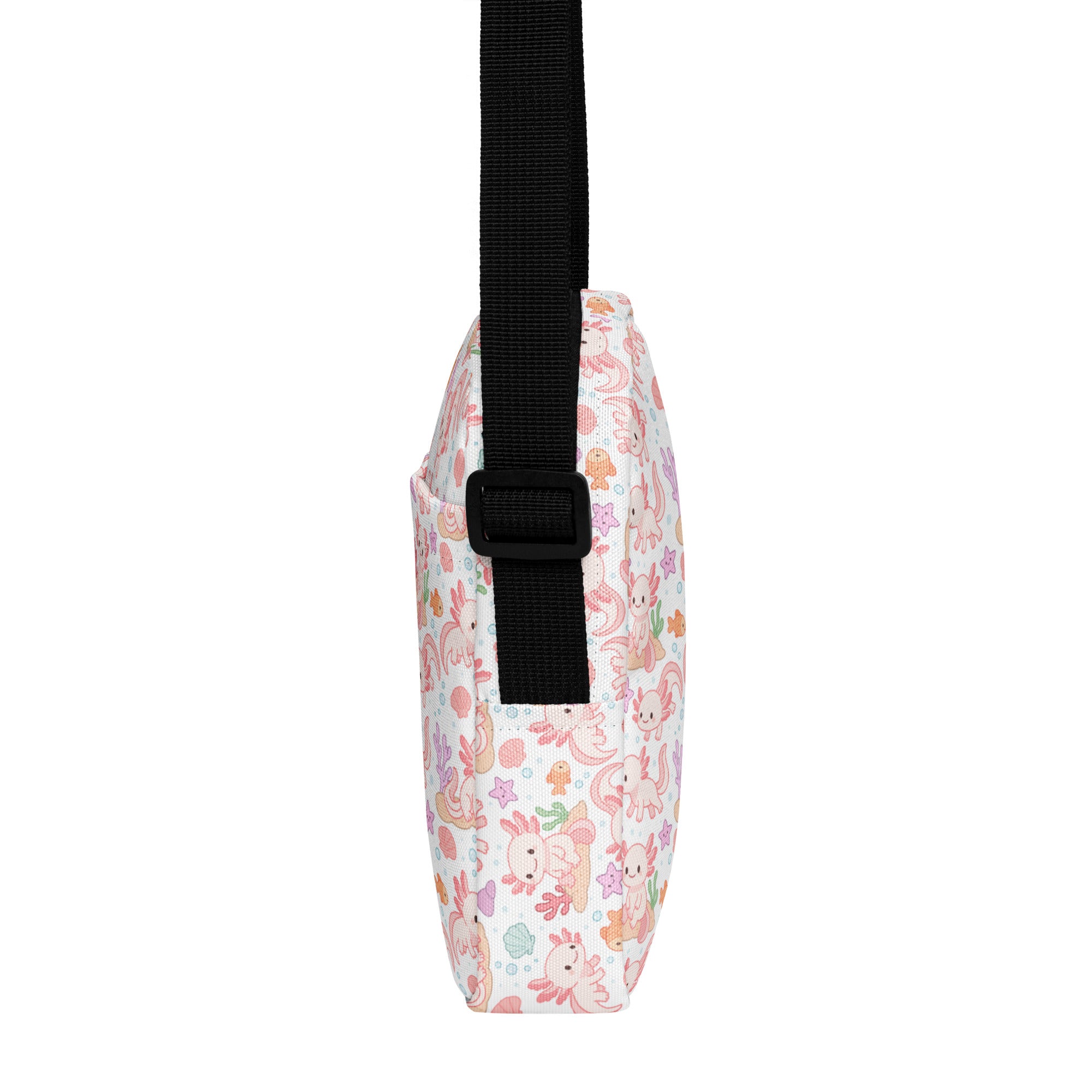 Girls axolotl crossbody purse white fabric bag with pink axolotls stars and seashells playful pattern