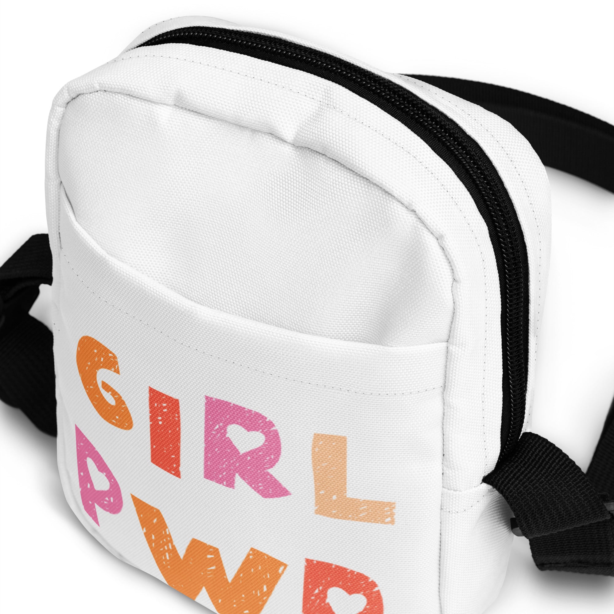 White canvas girl power kids crossbody purse with black zipper straps and colorful gradient graphic design