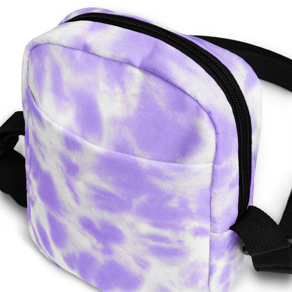 Girls faux purple tie dye crossbody purse in lavender and white canvas with black zipper and straps