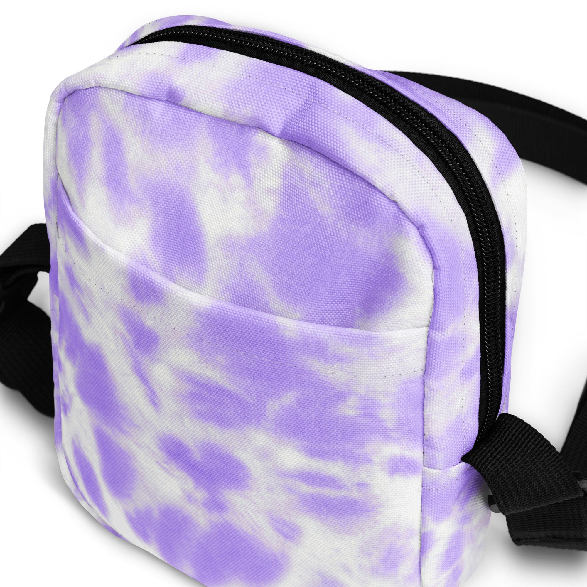 Girls faux purple tie dye crossbody purse in lavender and white canvas with black zipper and straps