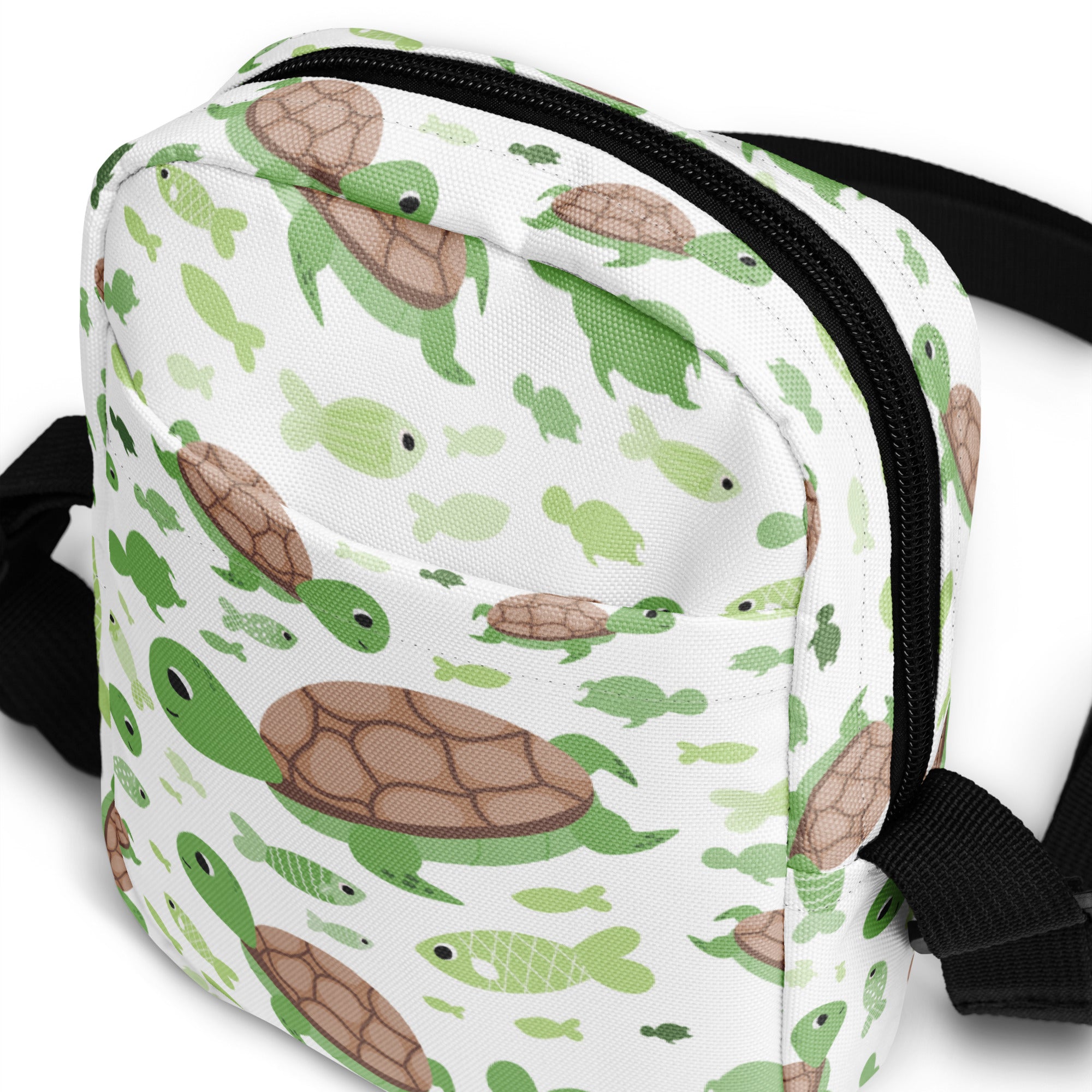 Girls green sea turtle crossbody purse white canvas bag with playful green turtles and brown shelled fish pattern