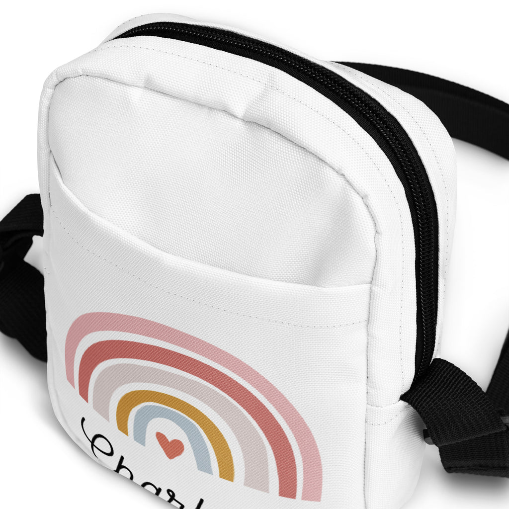 White canvas girls custom name crossbody purse with colorful rainbow design black zipper and strap