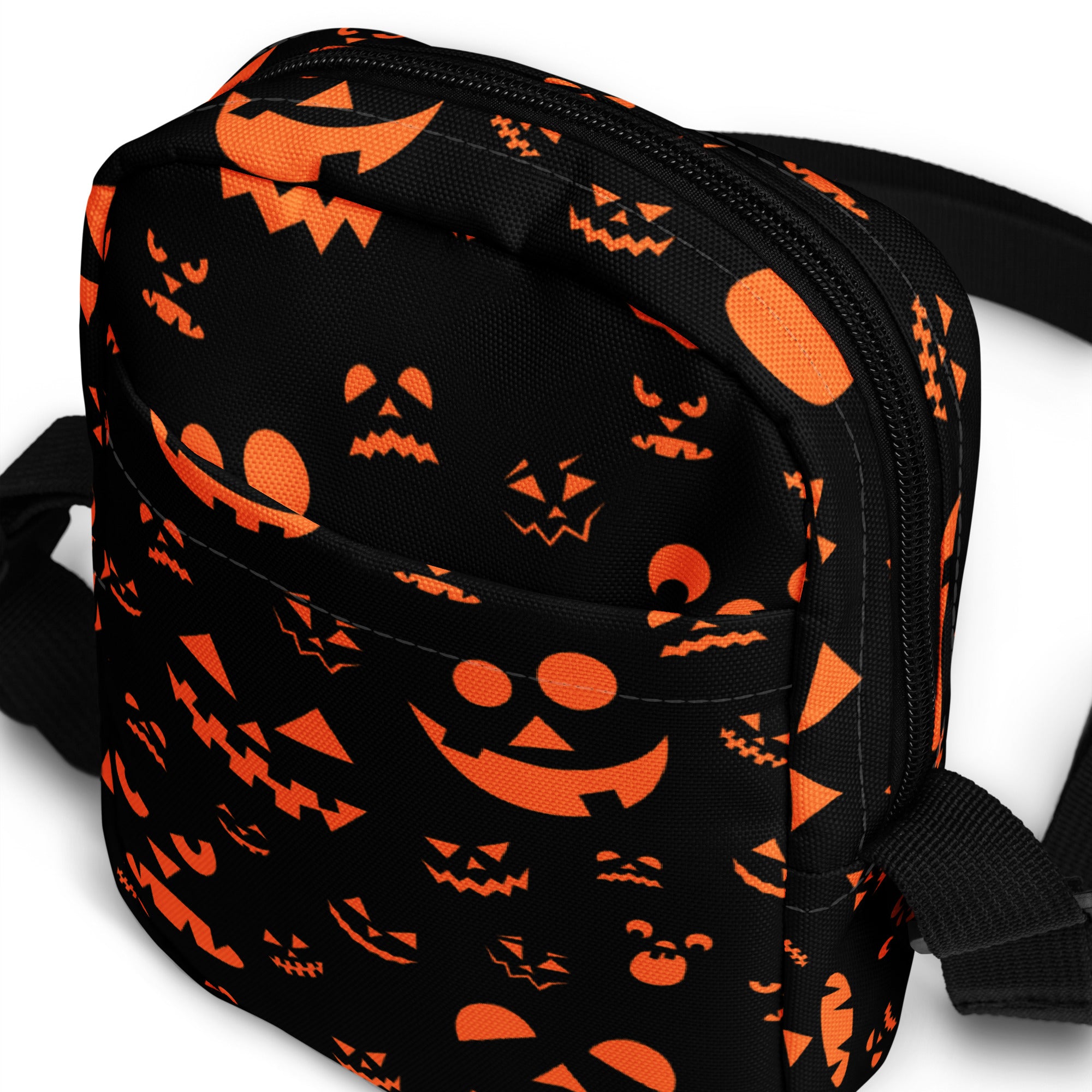 Girls orange jack-o-lantern faces halloween crossbody purse black fabric with orange pumpkin prints
