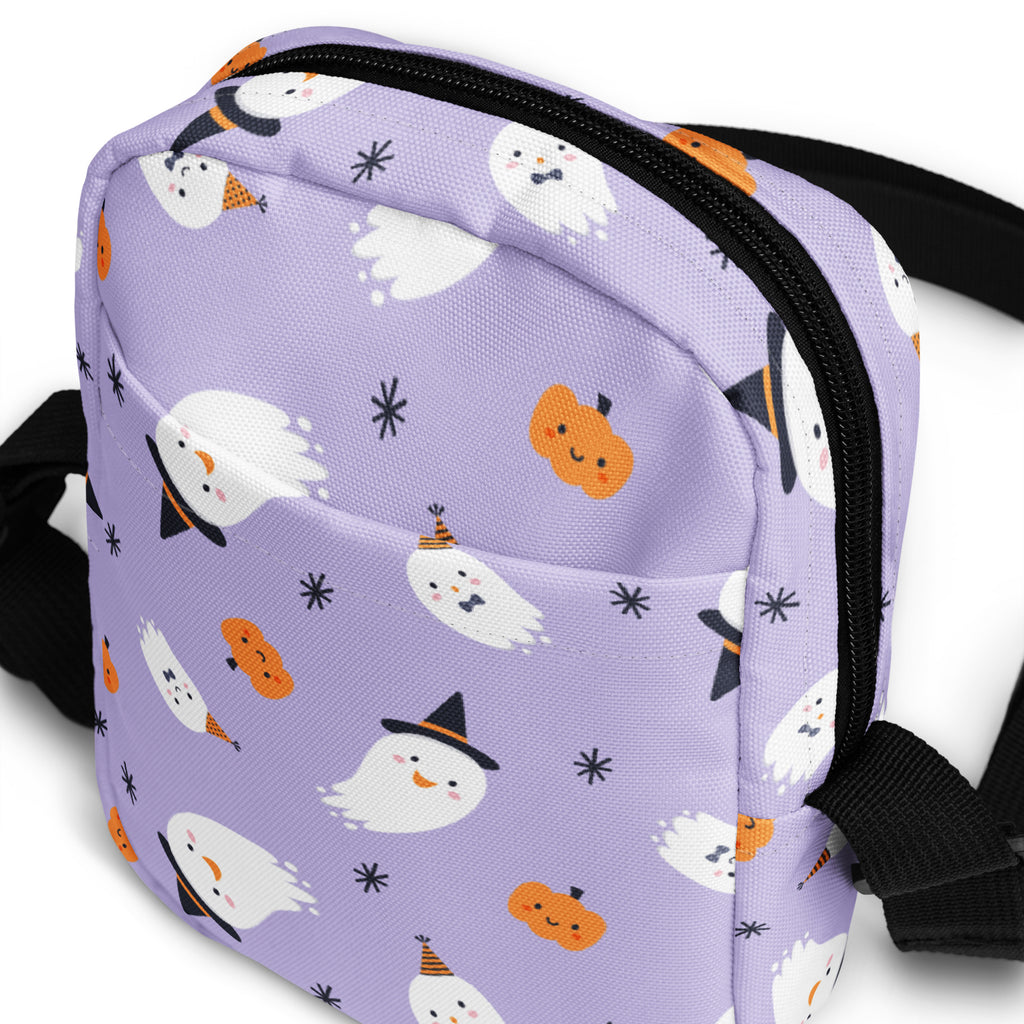 Lilac girls ghost witch halloween crossbody purse with cute white ghost and orange pumpkin illustrations with black accents