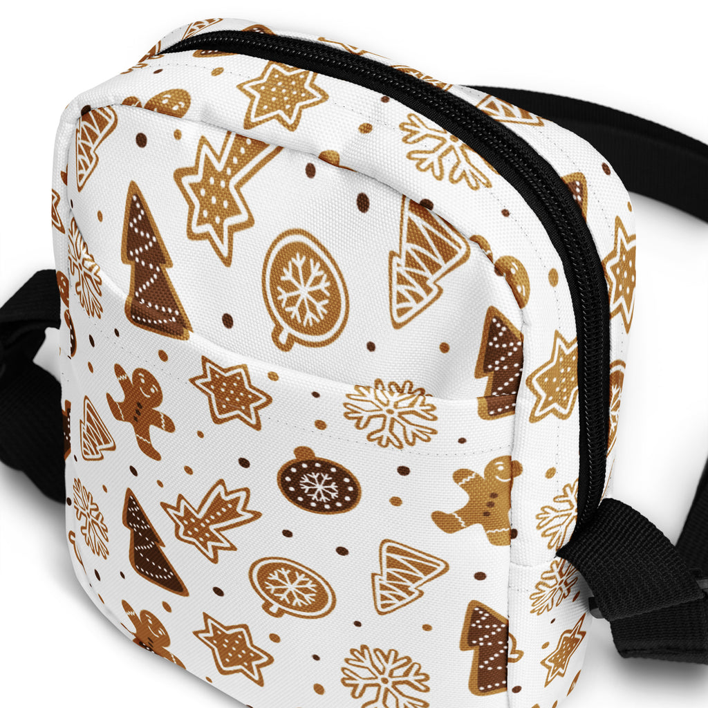 Kids gingerbread cookies christmas crossbody purse white canvas bag with brown holiday patterns black zipper and strap