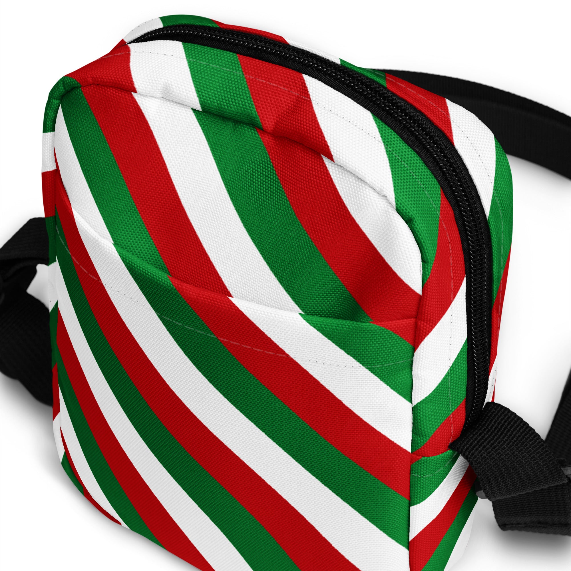 Girls red green and white stripes crossbody purse with festive diagonal striped canvas and black zipper and straps