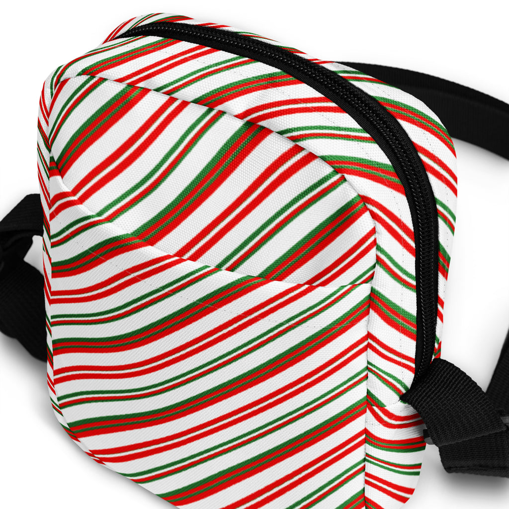 Multicolor diagonal candy stripe christmas women’s crossbody purse with fabric body and black zipper and straps