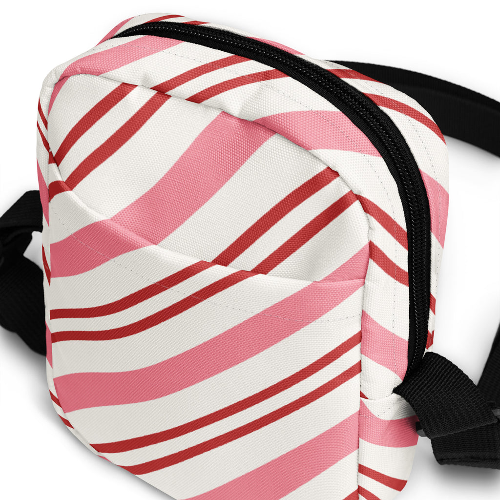 Pink candy cane stripe christmas women’s crossbody purse pink and white striped canvas fanny pack with black zipper