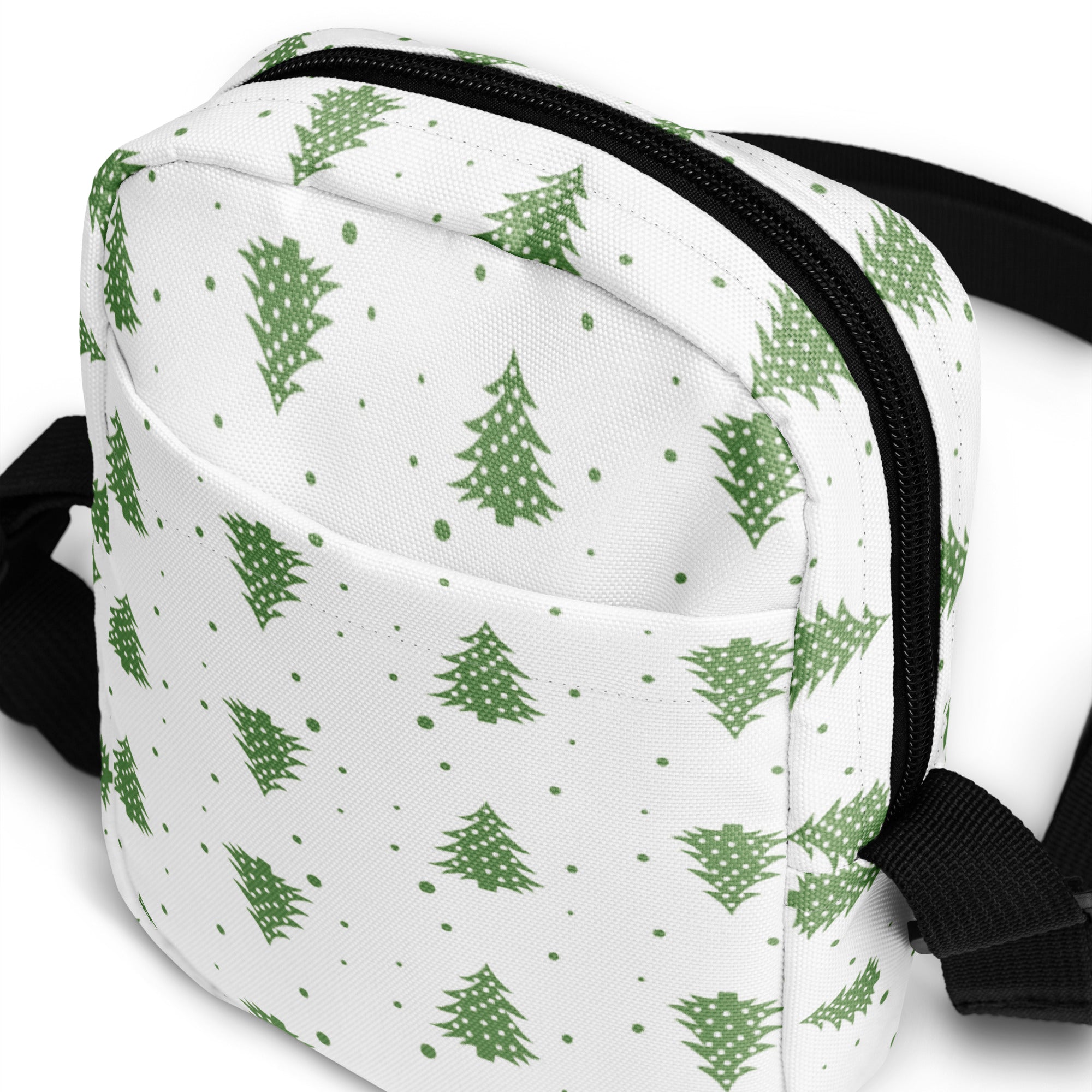 White crossbody bag with green pine tree pattern and black zipper girls christmas trees crossbody purse