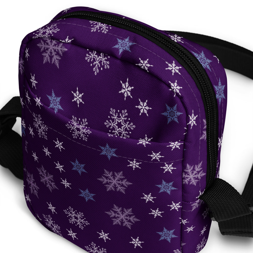 Christmas purple snowflake winter women’s crossbody purse with black zipper and straps for seasonal use
